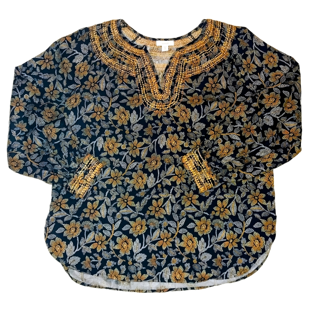 Pure Jill Blue Floral Embroidered Boho Tunic Sz XS Business Travel Country